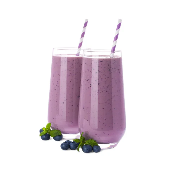 Glasses Blueberry Smoothie Fresh Berries Mint White Background — Photo