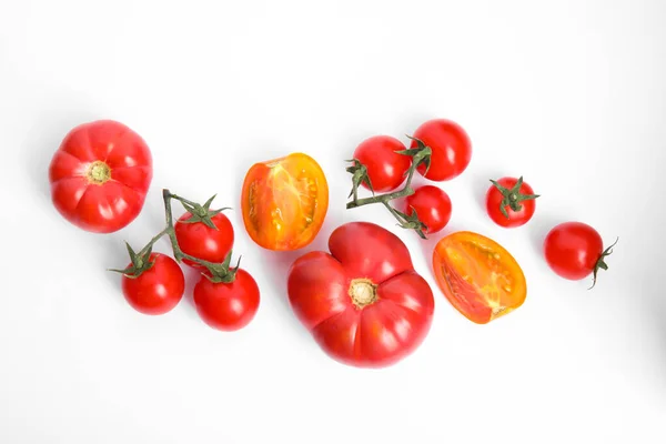 Many Different Ripe Tomatoes White Background Flat Lay — Foto de Stock