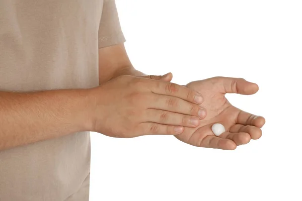 Man Applying Cream Hands White Background Closeup — Foto de Stock