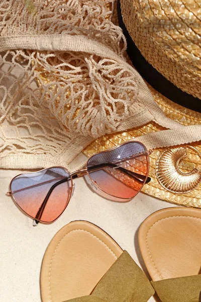 Flat Lay Composition Stylish Sunglasses Other Fashionable Accessories Sand — Fotografia de Stock