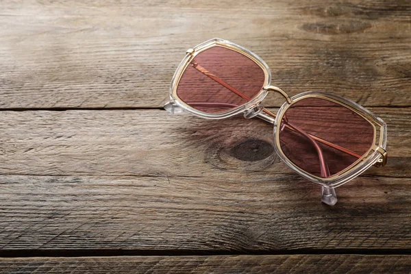 New Stylish Sunglasses Wooden Table Space Text — Stock fotografie