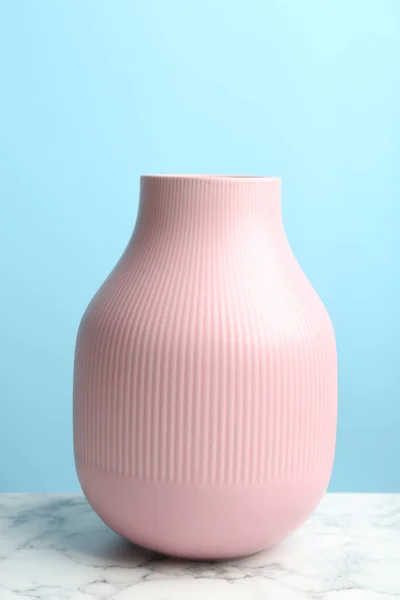 Stylish Pink Ceramic Vase White Marble Table Light Blue Background — Stockfoto