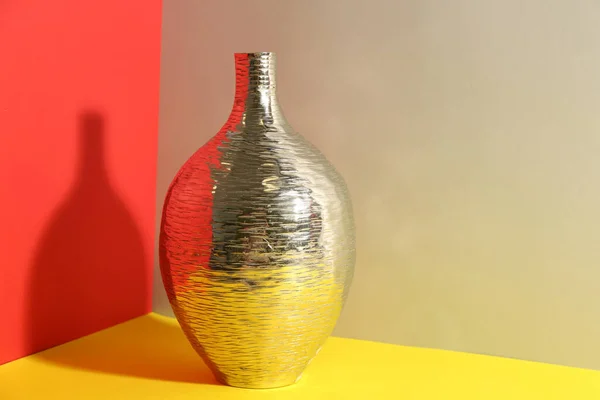 Stylish Silver Ceramic Vase Color Background — Stok fotoğraf