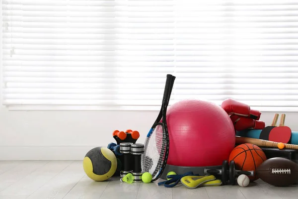 Set Different Sports Equipment White Floor Indoors Space Text — Stockfoto