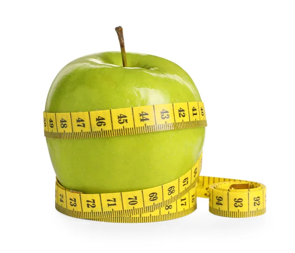 Čerstvé Zelené Jablko Měřicí Pásku Bílém Pozadí — Stock fotografie