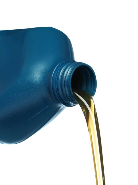 Pouring Motor Oil Blue Container White Background Closeup — Stok fotoğraf