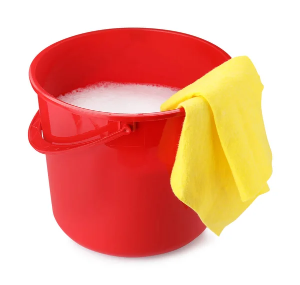 Red Bucket Detergent Rag Isolated White Stock Photo