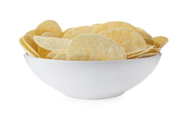 Bowl of tasty potato chips on white background