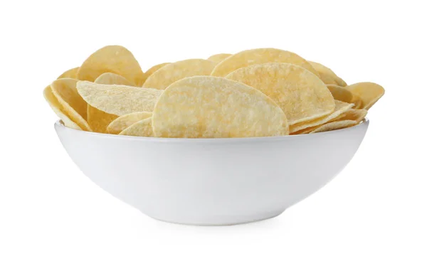 Bowl Tasty Potato Chips White Background — Stockfoto