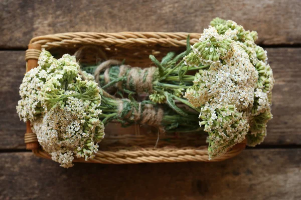 Basket Bunches Beautiful Dries Yarrow Wooden Table Top View — Stockfoto