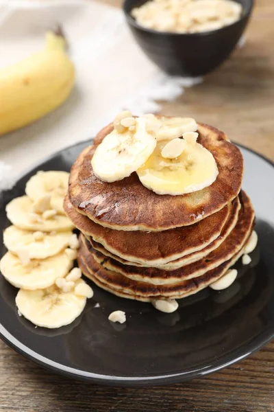 Plate Banana Pancakes Wooden Table Closeup — Stockfoto