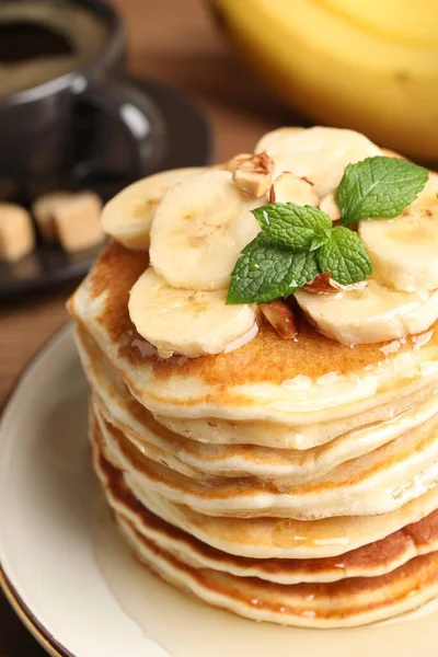 Tasty Pancakes Sliced Banana White Plate Closeup — ストック写真