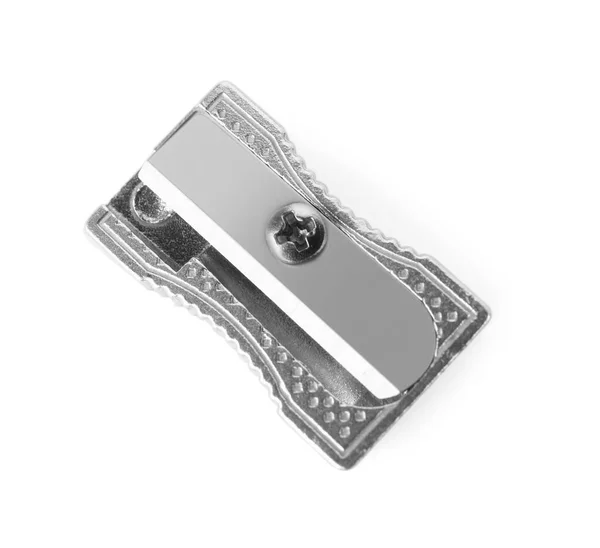 Shiny Metal Pencil Sharpener Isolated White Top View — Foto Stock