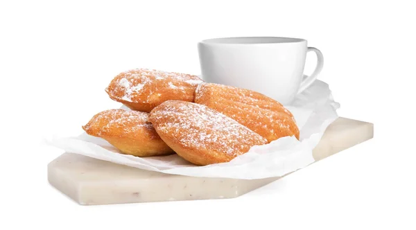 Delicious Madeleine Cakes Powdered Sugar Tea White Background — Stockfoto