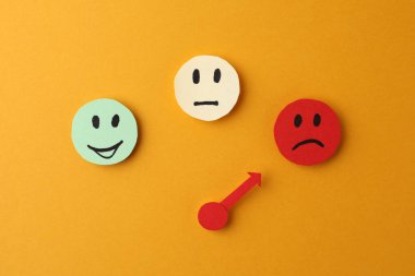 Mood indicator on yellow background, flat lay. Emotional management