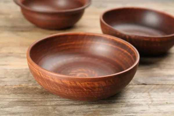 Stylish Clay Bowls Wooden Table Closeup — Stok fotoğraf