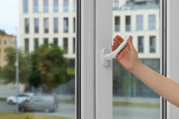 Woman Opening White Plastic Window Home Closeup — Foto de Stock