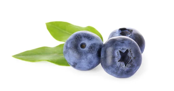 Tasty Ripe Fresh Blueberries Green Leaves White Background —  Fotos de Stock