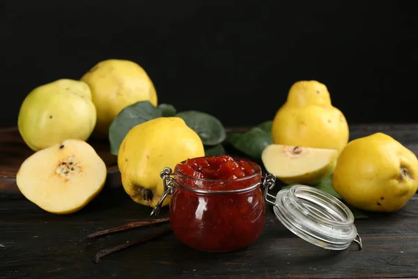 Delicious Quince Jam Fruits Black Wooden Table — Zdjęcie stockowe