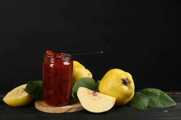Delicious Quince Jam Fruits Black Wooden Table — Stok fotoğraf