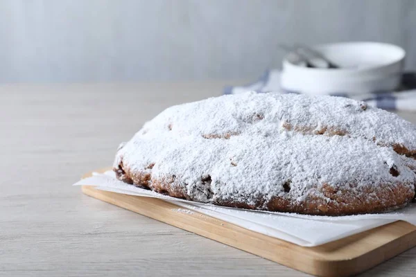 Delicious Stollen Sprinkled Powdered Sugar Wooden Table Space Text — Stock Fotó