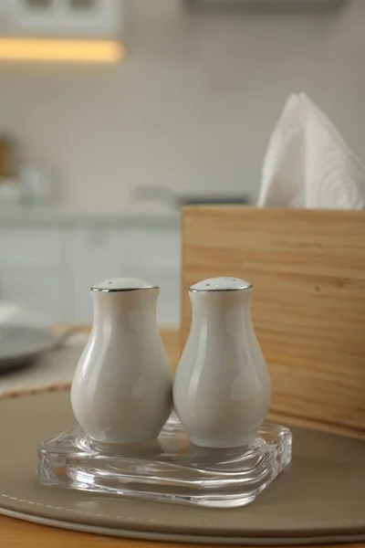 White Ceramic Salt Pepper Shakers Wooden Table Space Text — Stockfoto