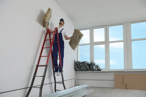 Construction Worker Used Glass Wool Stepladder Room Prepared Renovation — Foto de Stock