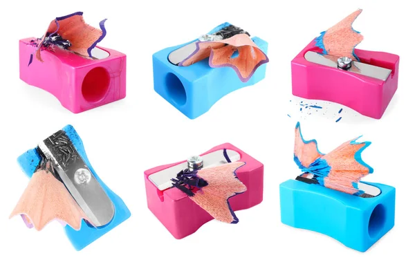 Set Different Pencil Sharpeners White Background — 스톡 사진