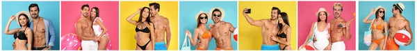 Collage Beautiful Photos Themed Summer Party Vacation Happy Young Couple — Stok fotoğraf