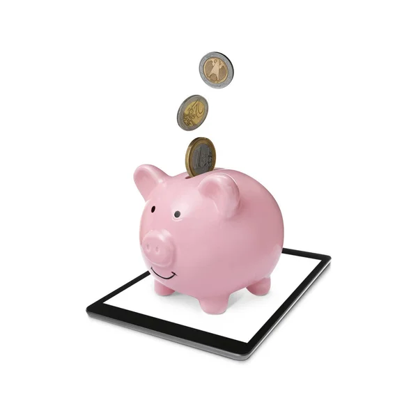 Piggy Bank Coins Tablet White Background Online Banking — Foto de Stock