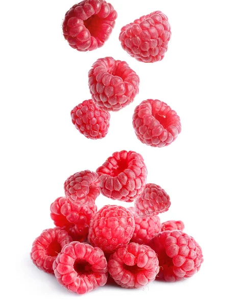 Delicious Ripe Raspberries Falling White Background — Stock Photo, Image