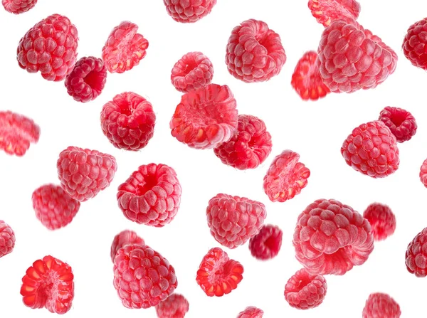 Delicious Ripe Raspberries Flying White Background — Foto de Stock
