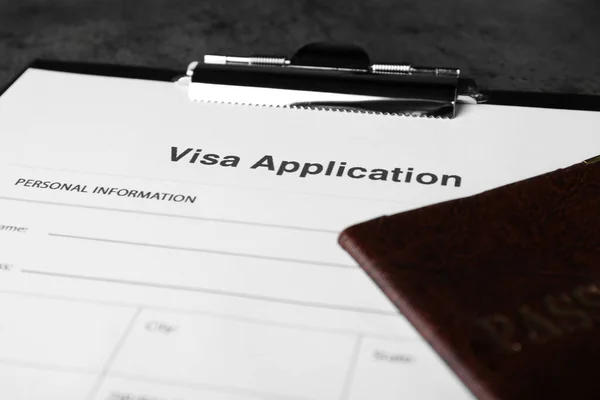 Visa Application Form Immigration Passport Grey Table Closeup — Stock Photo, Image