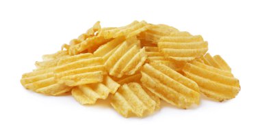 Heap of tasty ridged potato chips on white background