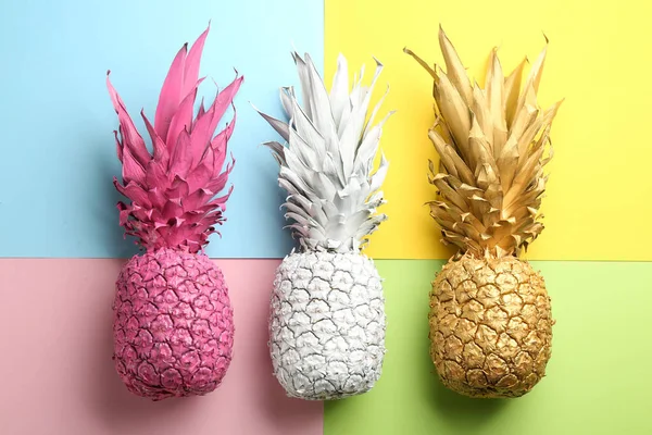 Pink White Golden Pineapples Color Background Flat Lay Creative Concept —  Fotos de Stock