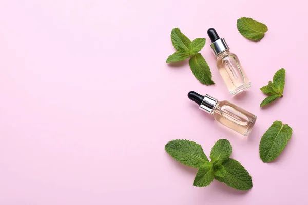 Bottles Essential Oil Mint Pink Background Flat Lay Space Text — Photo