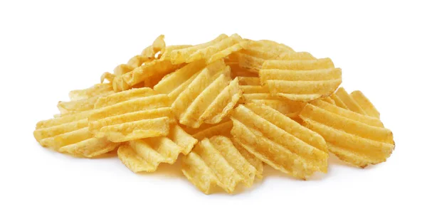 Heap Tasty Ridged Potato Chips White Background — Stock Photo, Image