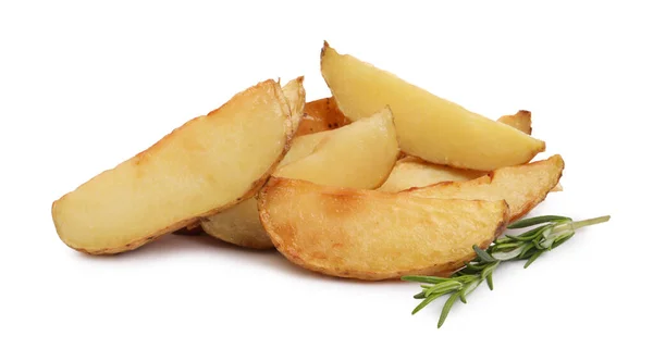 Tasty Baked Potato Wedges Rosemary White Background — Fotografia de Stock