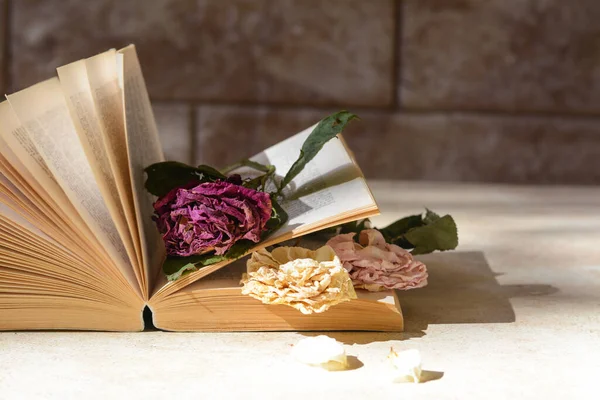 Book Beautiful Dried Flowers Light Table Space Text — Stock Fotó