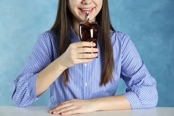 Woman Drinking Cola Ice White Table Light Blue Background Closeup —  Fotos de Stock