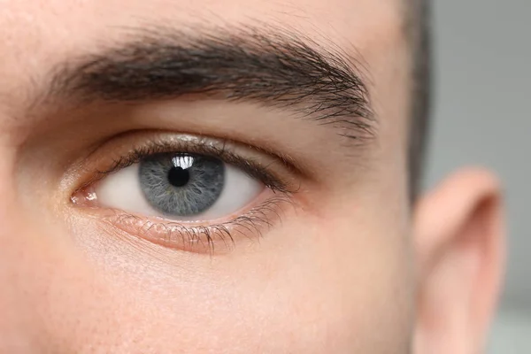 Closeup View Young Man Beautiful Grey Eyes Blurred Background — Fotografia de Stock