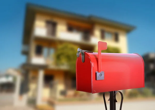 Red Letter Box Blurred View Modern House Sunny Day — Fotografia de Stock