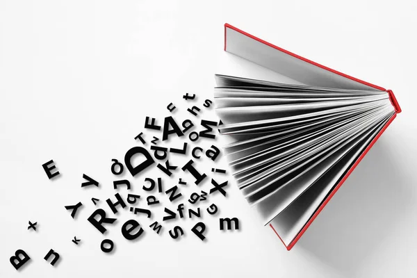 Open Book Letters White Background Top View Dyslexia Concept — Fotografia de Stock