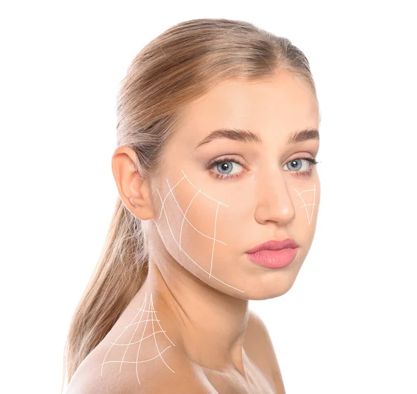 Beautiful Woman Facelift Cosmetic Surgery Procedure White Background — Foto de Stock