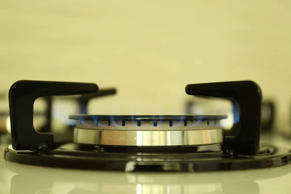 Gas Burner Modern Stove Burning Blue Flame Closeup — Stock Photo, Image