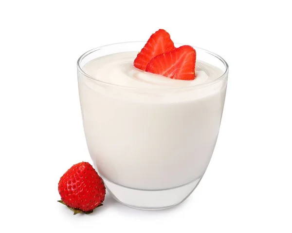 Glass Delicious Yogurt Strawberries White Background — Stock Fotó