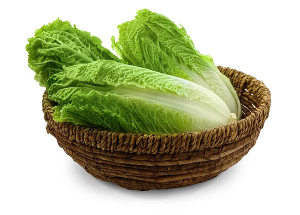 Fresh Tasty Chinese Cabbages Wicker Basket White Background — Stockfoto