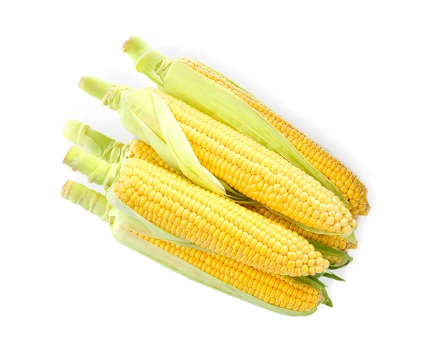 Tasty Fresh Corn Cobs Isolated White Top View — Stock Photo, Image