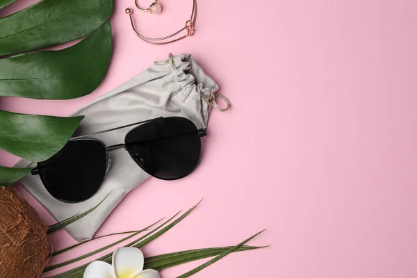 Stylish Sunglasses Bag Pink Background Flat Lay Space Text — Stockfoto