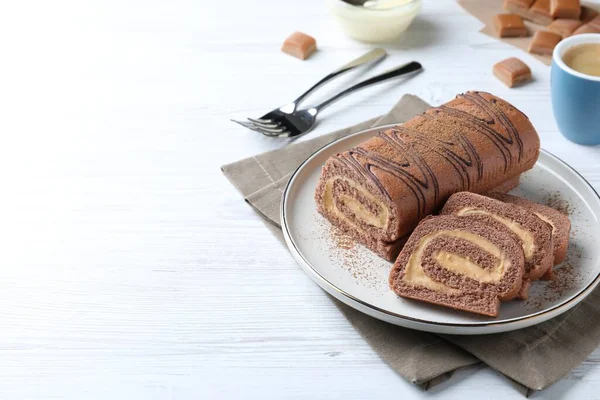 Tasty Chocolate Cake Roll Cream White Wooden Table Space Text — Stock Photo, Image